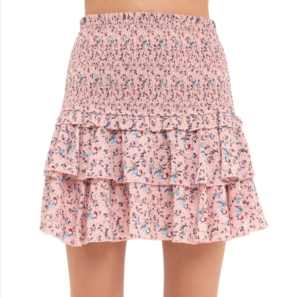Free the Roses Smocked Textured Floral Tiered Mini Skirt Size XSmall